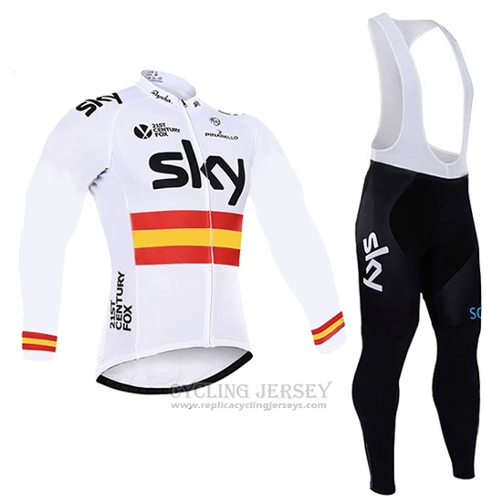 2017 Cycling Jersey Sky Champion Spain White Long Sleeve and Bib Tight